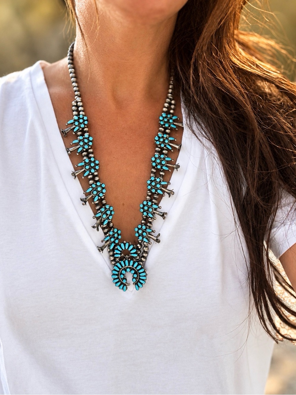 Vintage/Estate Ralph Turquoise Statement Squash Blossom Necklace - Women Jewelry